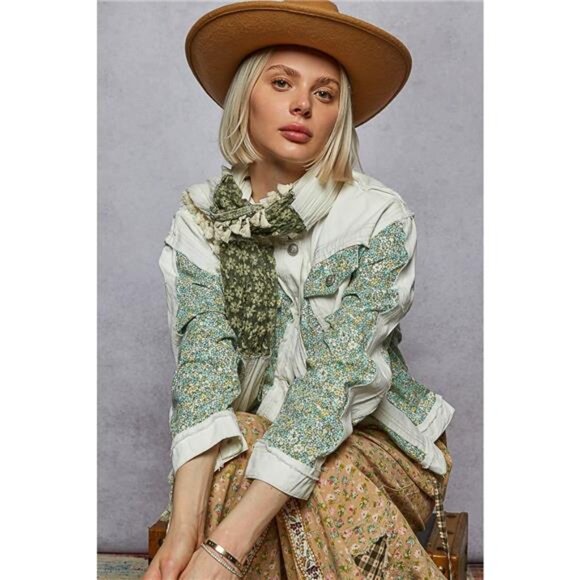 POL Button Down Patchwork Denim Jacket with Floral Print Details - Picture 5 of 8